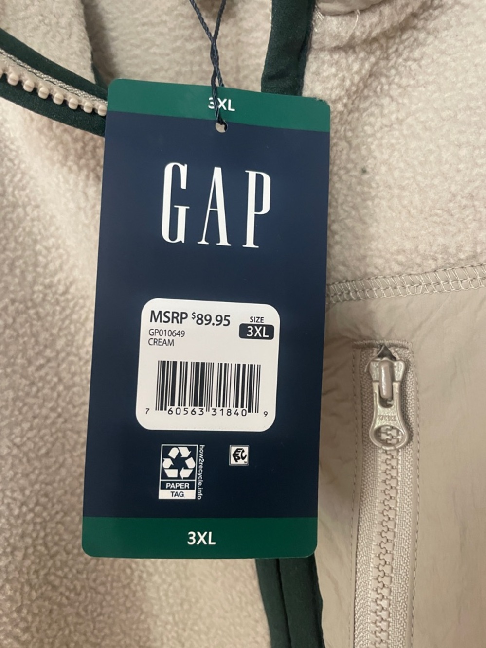 GAP Taupe Fleece Half-Zip with Dark Green Trim - Picture 2 of 3